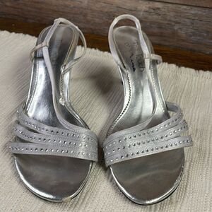 The Touch of Nina Strappy Heels, Size 7, Silver with Rhinestones